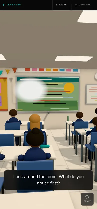 Back row, left of the aisle. The classroom as the camera sees it, the sun glaring off the board. On screen: “Look around the room. What do you notice first?”