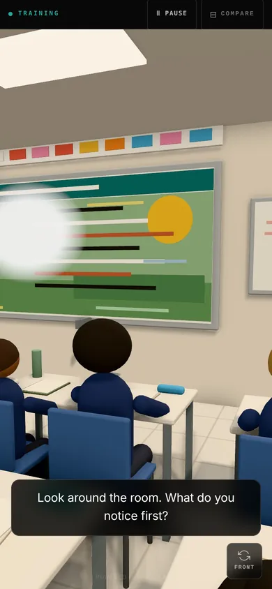 Second row, by the door. The classroom as the camera sees it, the sun glaring off the board. On screen: “Look around the room. What do you notice first?”