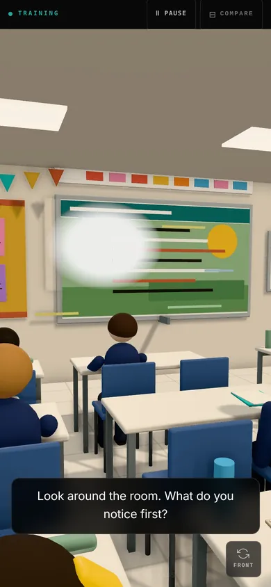 Third row, by the window. The classroom as the camera sees it, the sun glaring off the board. On screen: “Look around the room. What do you notice first?”