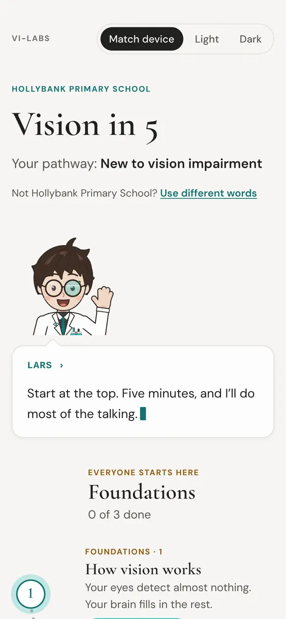 Screen 1 of 8. The school’s link opens the course. Lessons are recommended in order, never locked.